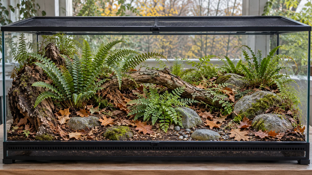 Ventilated temperate woodland terrarium with small ferns, grey stone, weathered bark and sparse brown leaves.