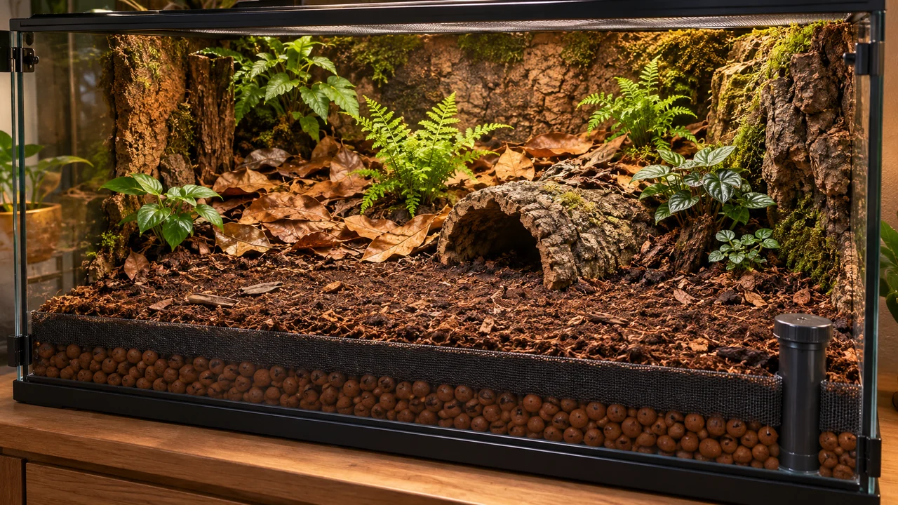 Layered vivarium floor with drainage media, separator, airy substrate and a capped siphon point.