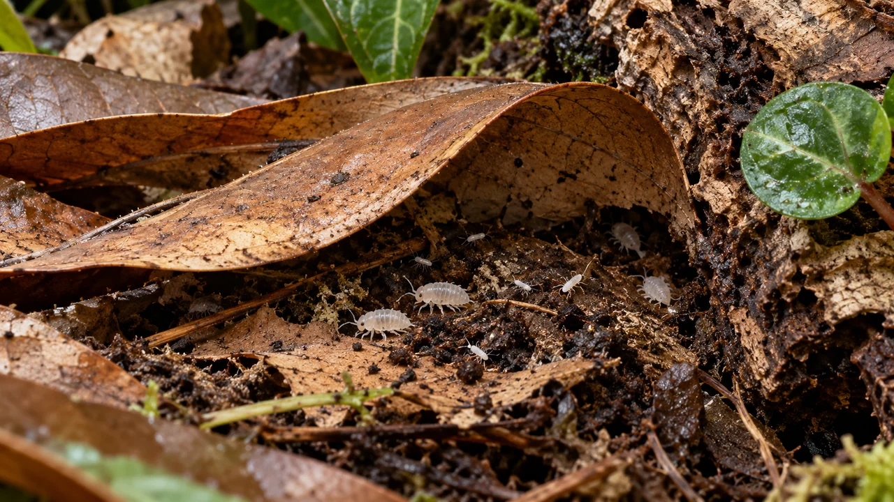 Tiny white isopods and springtails beneath a curled leaf beside a moist cork refuge.