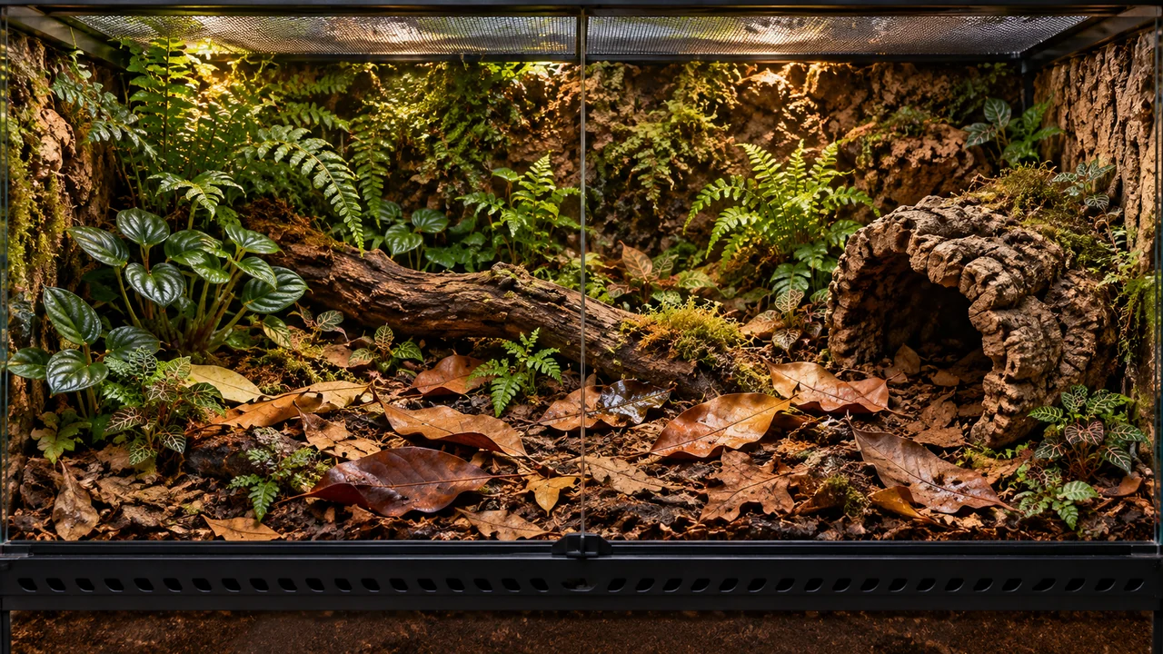 Broad tropical vivarium floor with varied brown leaves, low cork refuge and grouped small plants, without a pond.