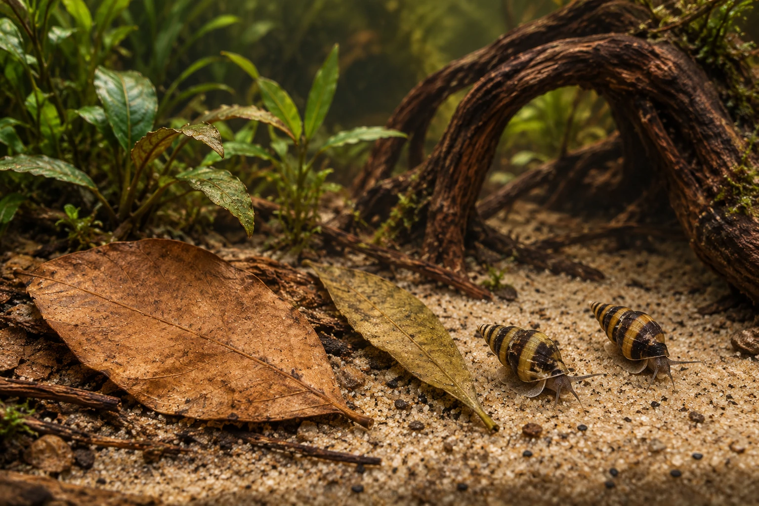 Two striped Assassin snails on open sand beside Jackfruit and Guava leaves, beneath an arching root.
