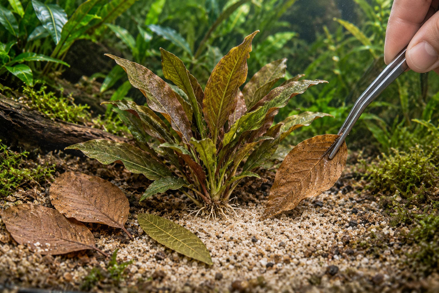 Aquarium tweezers moving a Beech leaf away from a plant crown, with a Guava leaf nearby.