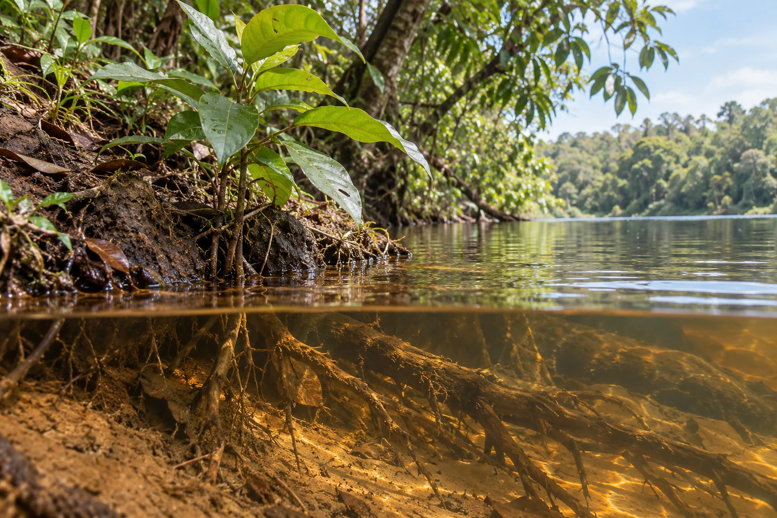 A terrestrial plant rooted on a damp bank above shallow water, with submerged roots below the waterline.