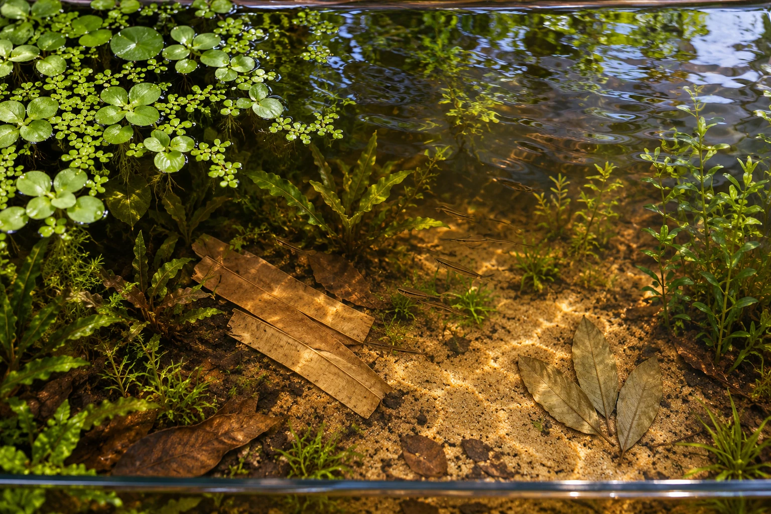 An oblique aquarium view showing floating plants on the left, open rippled surface on the right and different leaf forms below.