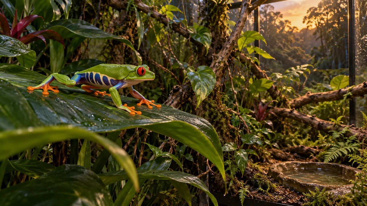 A red-eyed tree frog walking along a broad leaf, showing flank bars and the toe pads used for climbing.