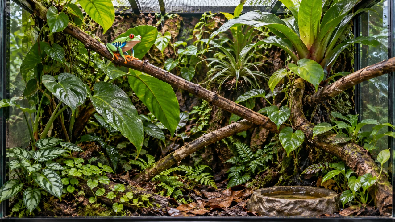 Connected climbing branches and broad leaves in a tall ventilated enclosure with accessible shallow water below.
