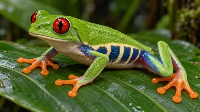 A green red-eyed tree frog with orange toe pads and blue-and-cream flank bars resting on broad foliage.