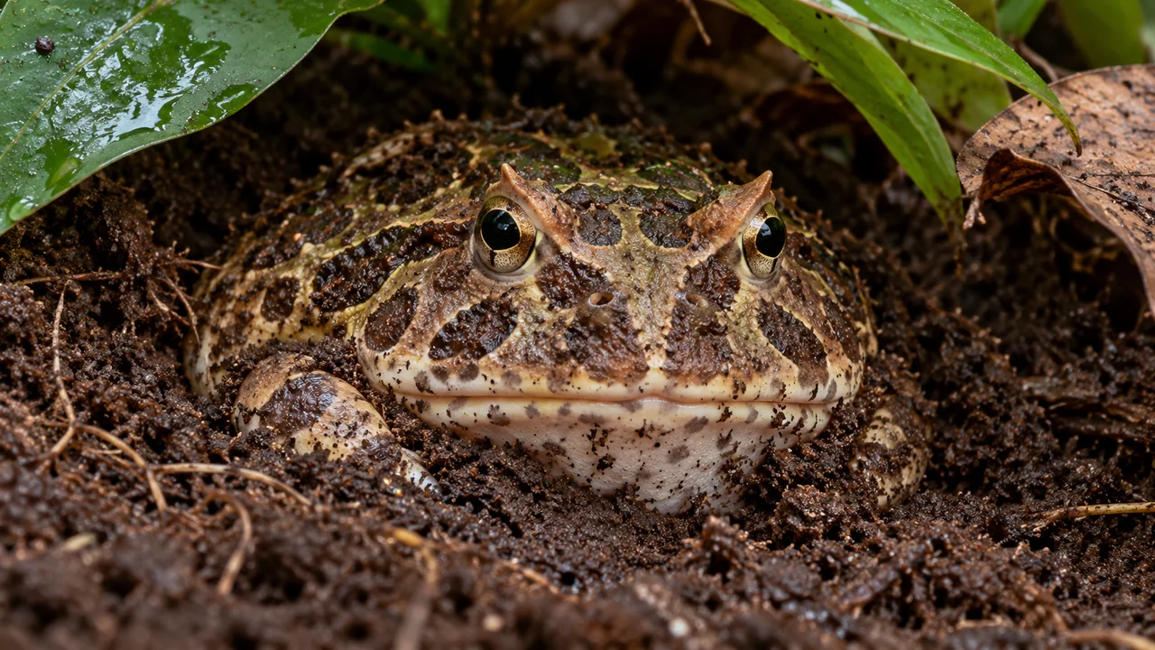 A Cranwell’s horned frog partly buried in moist fine substrate, with its eyes and head naturally above the burrow.