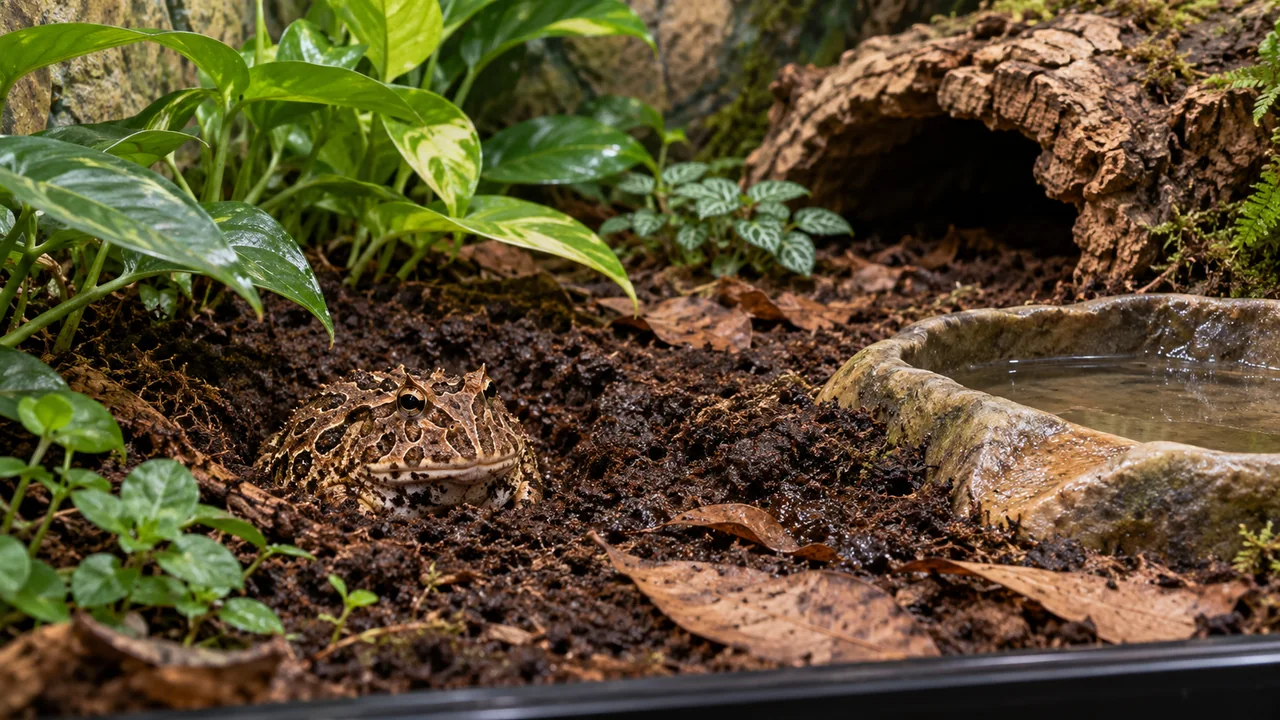 A broad terrestrial enclosure with deep damp burrowing substrate, open feeding ground and a shallow easy-exit water dish.