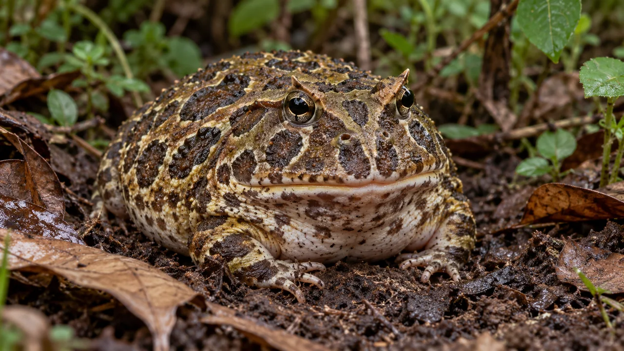 A normally pigmented olive-brown Cranwell’s horned frog settled into moist fine soil beneath leafy cover.