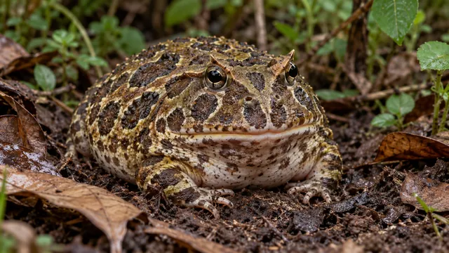 A normally pigmented olive-brown Cranwell’s horned frog settled into moist fine soil beneath leafy cover.