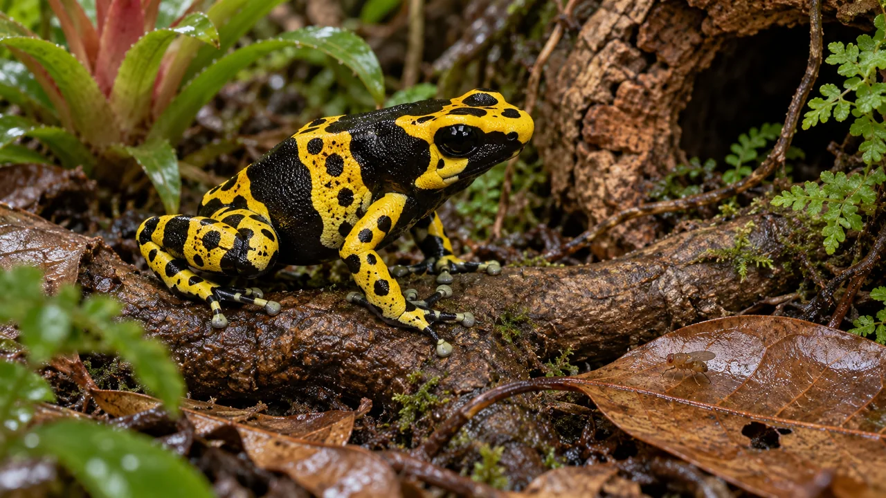 Yellow bands, black markings and small toe discs on a bumblebee dart frog resting on a low root.