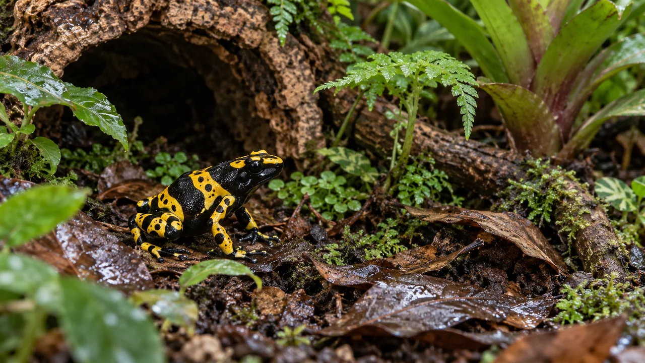 A planted leaf-litter enclosure with low climbing roots, multiple sheltered routes and no deep water.