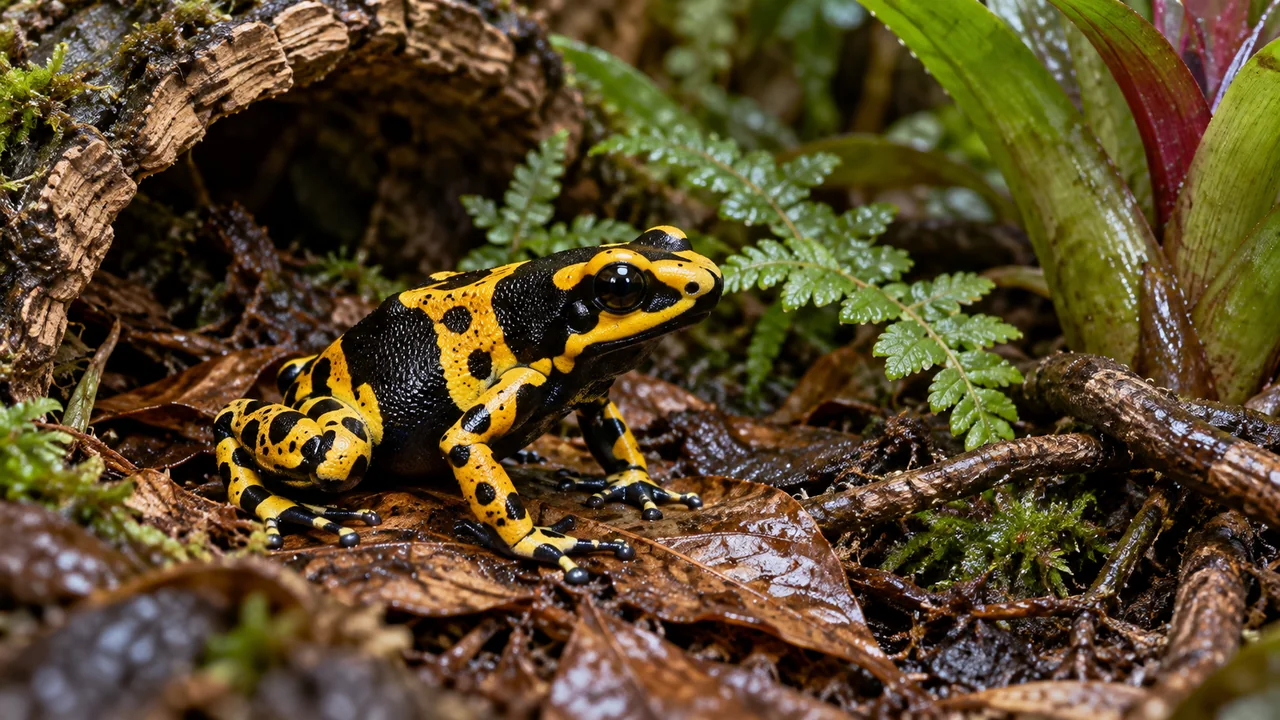 A yellow-and-black banded Dendrobates leucomelas on a broad brown leaf above the forest floor.