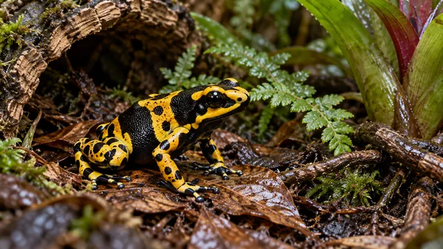 A yellow-and-black banded Dendrobates leucomelas on a broad brown leaf above the forest floor.