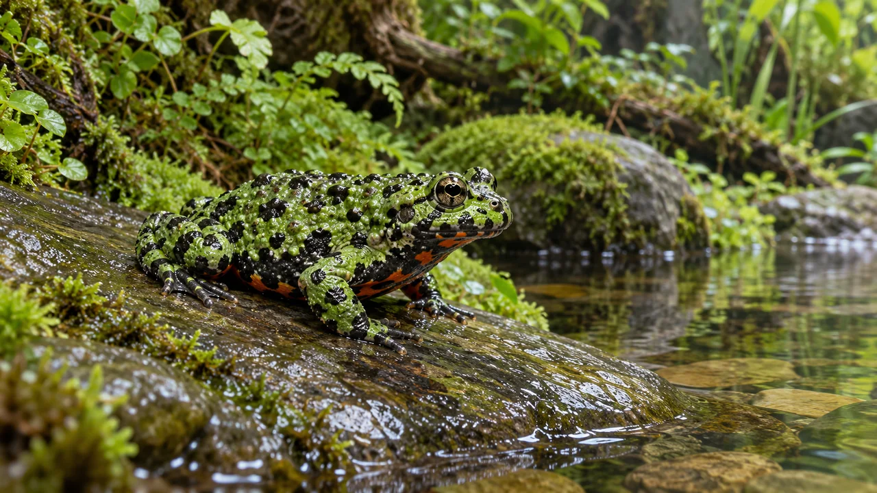 A fire-bellied toad on a smooth wet slope, with its naturally visible orange belly edge and an easy water exit.
