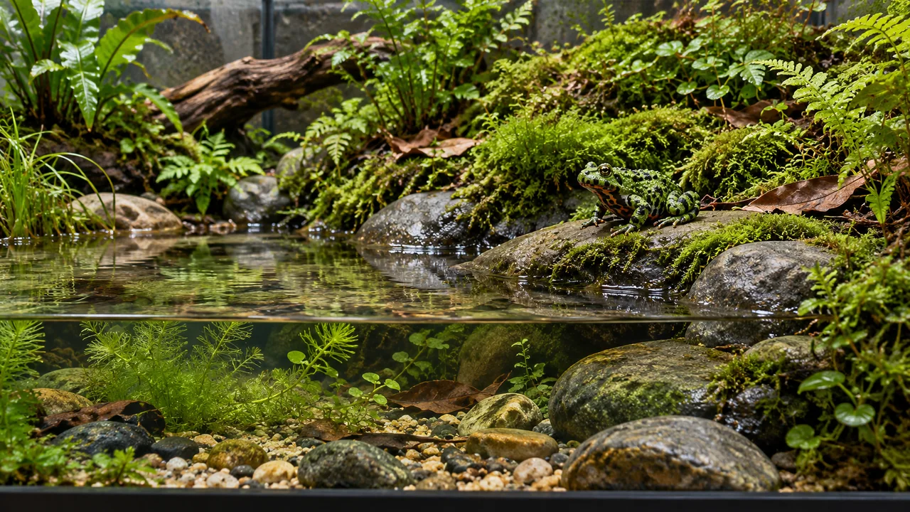 A cool water-and-land enclosure with shallow resting areas, a broad terrestrial bank and several sloping exits.