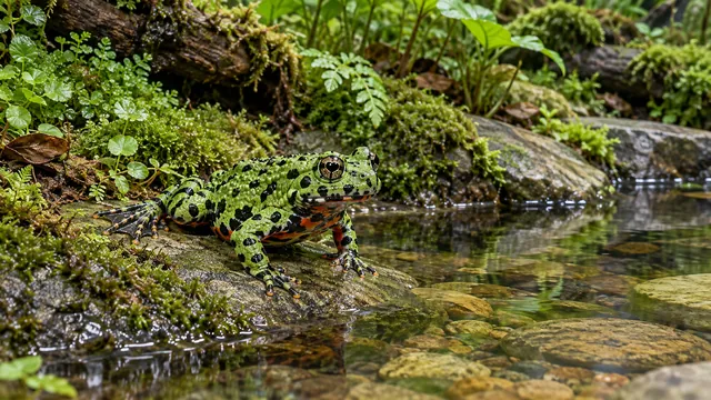A green-and-black Oriental fire-bellied toad resting at a shallow planted water margin.