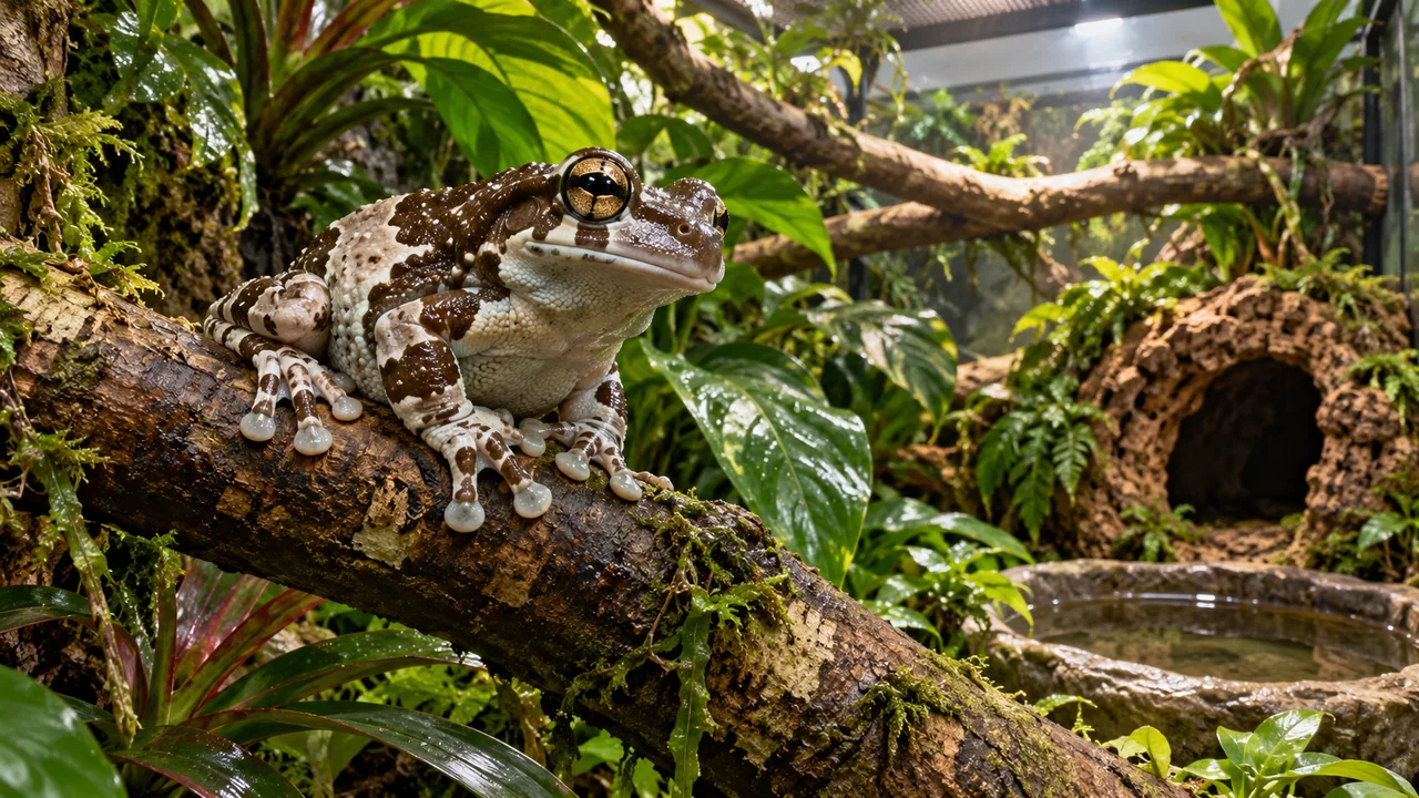 Broad adhesive toe pads and adult banding on an Amazon milk frog gripping a substantial branch.