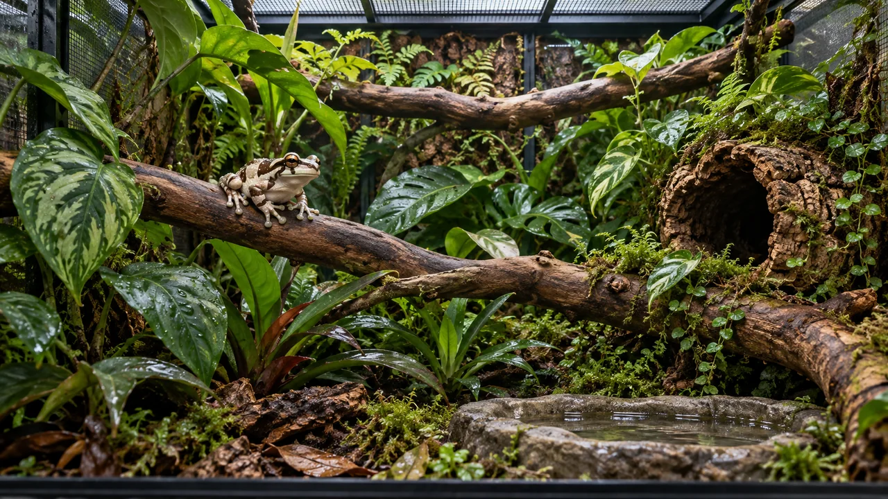 A spacious tall planted enclosure with substantial connected branches and a cleanable shallow bathing basin.