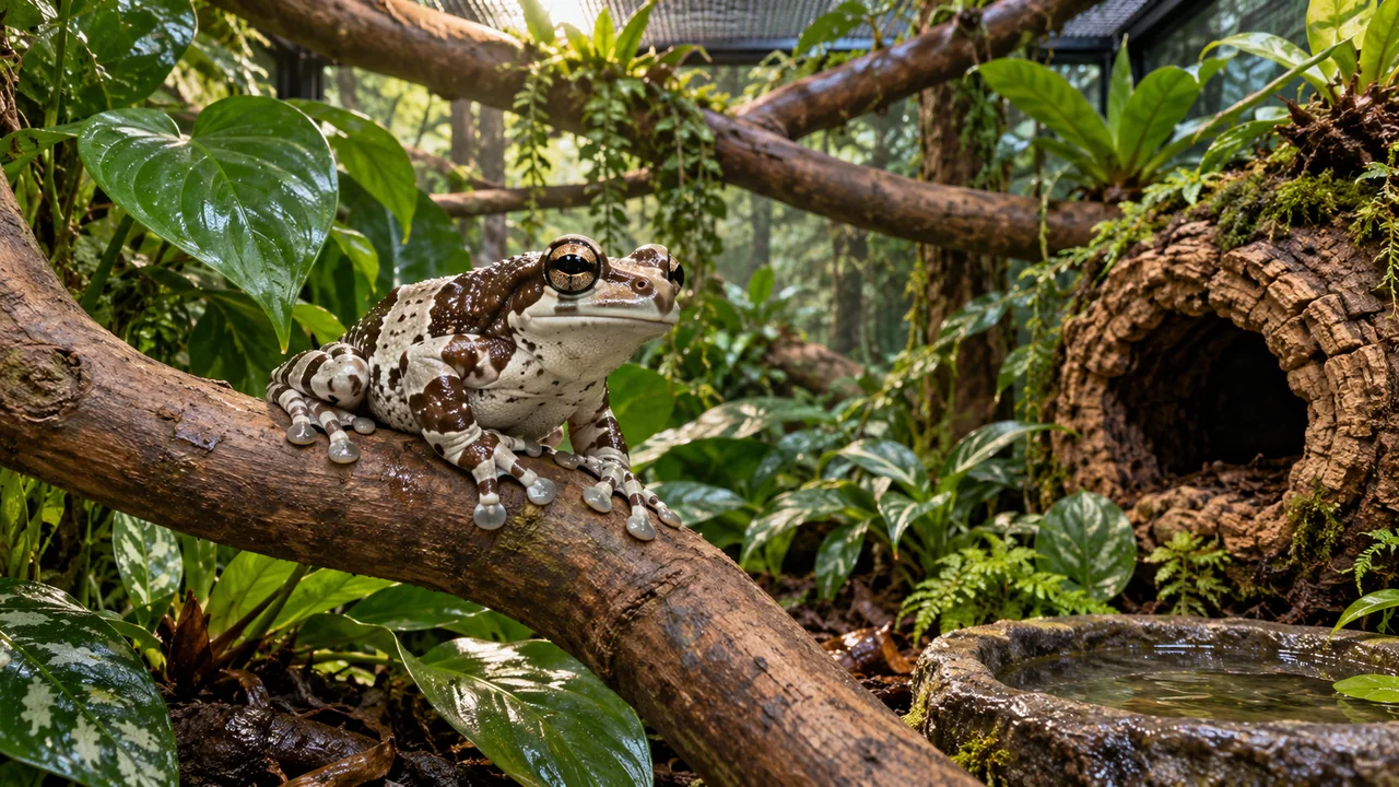 A cream-and-brown adult Amazon milk frog with golden eyes and broad toe pads on a strong branch.