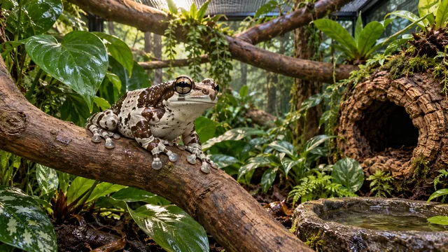 A cream-and-brown adult Amazon milk frog with golden eyes and broad toe pads on a strong branch.