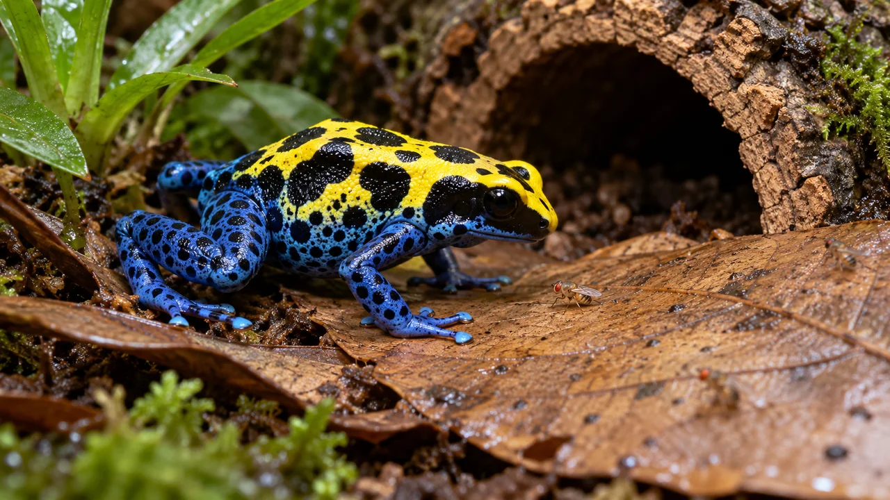 A dyeing dart frog inspects a tiny fruit fly beside leaf litter and a low sheltered retreat.