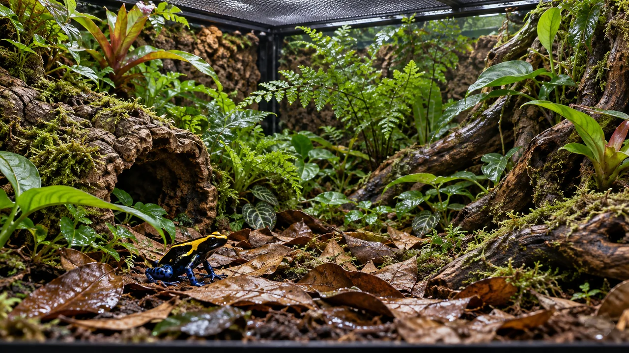 A broad leaf-litter vivarium with drained planting, low climbing roots and sheltered floor routes for a dyeing dart frog.
