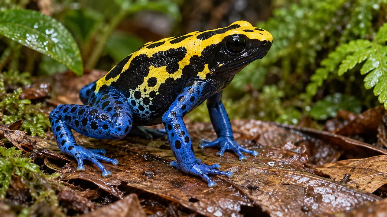A yellow-backed, black-patterned dyeing dart frog with blue spotted legs on broad brown leaves.