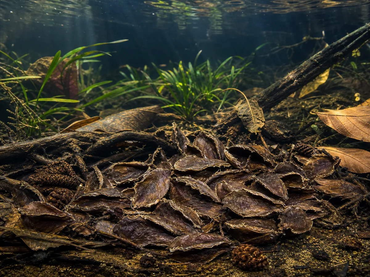 Mature botanical freshwater aquarium with Arjuna Pods, leaves and wood