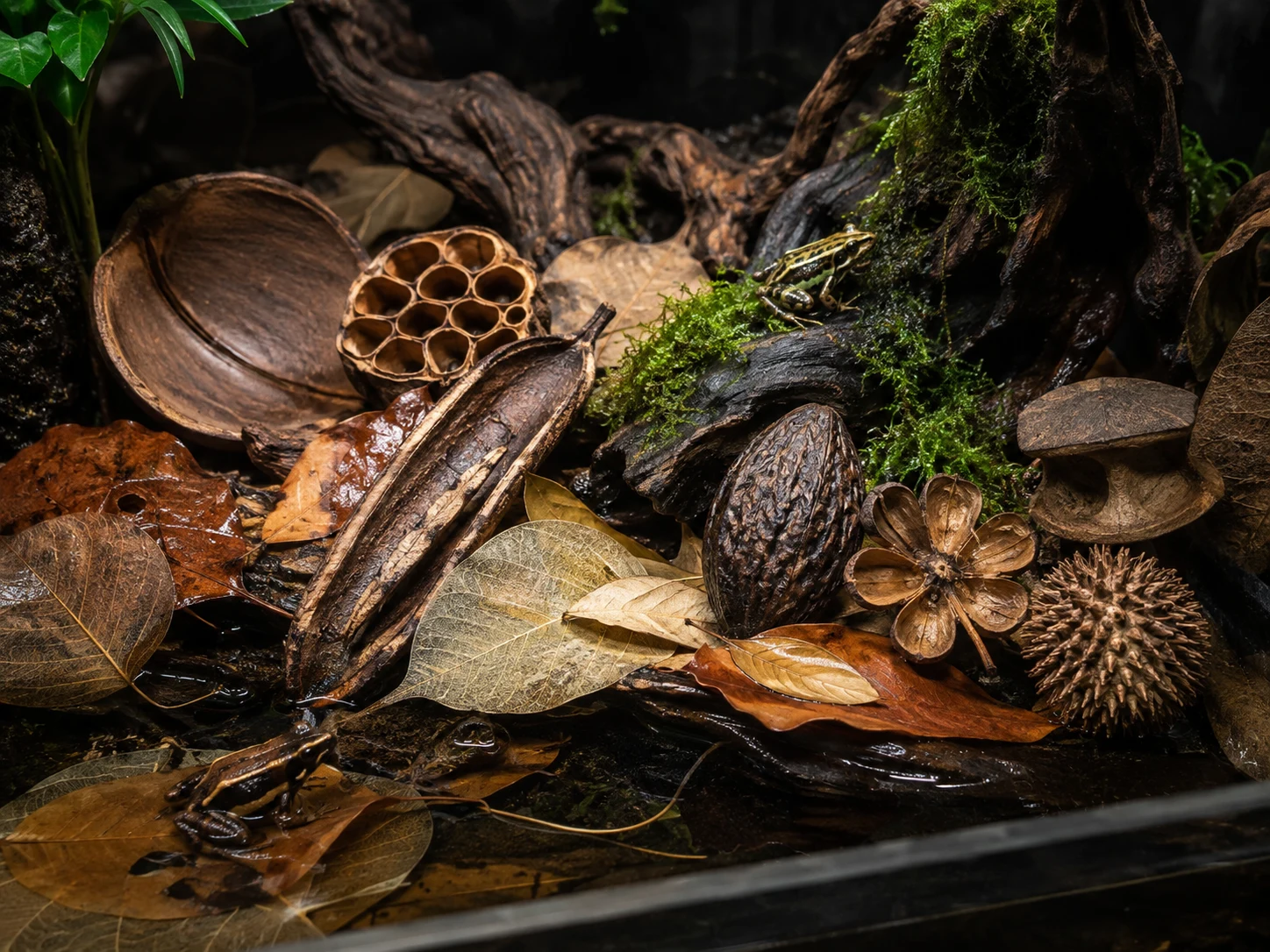 Illustrative humid frog habitat with moss, wood, leaf litter and dried botanicals