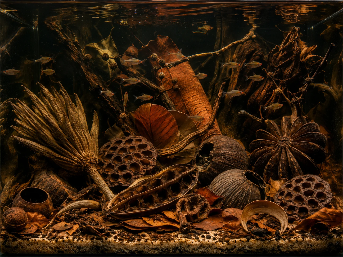 Illustrative blackwater aquarium with peaceful schooling fish, leaf litter and mixed pods