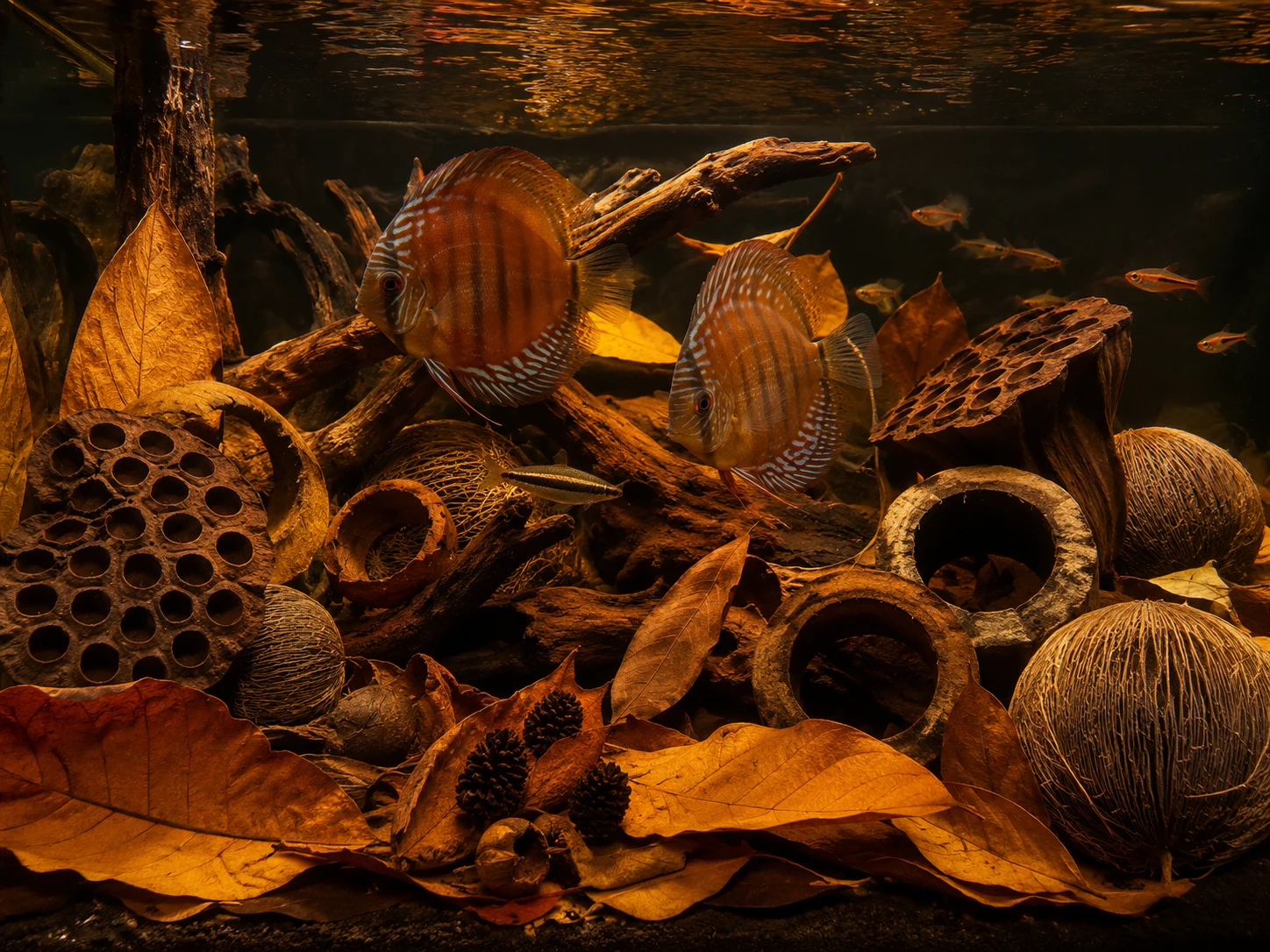 Illustrative larger blackwater display aquarium with fish, leaves, pods and wood