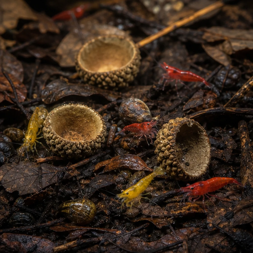 Acorn Caps (Quercus spp.) - Natural Botanical Caps illustrative habitat scene - habitat floor