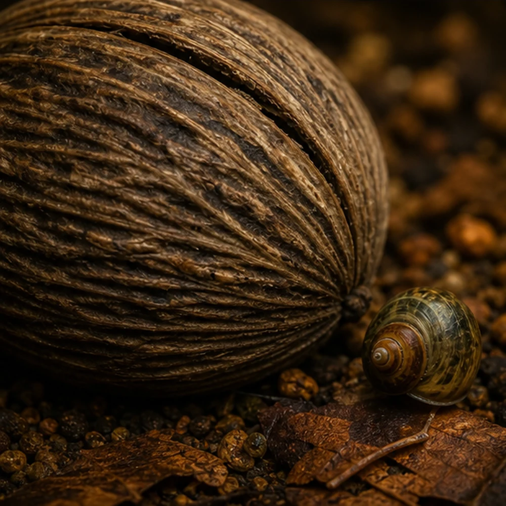 Mintolla Ball (Cerbera odollam) - Natural Seed Pod illustrative habitat scene - texture detail