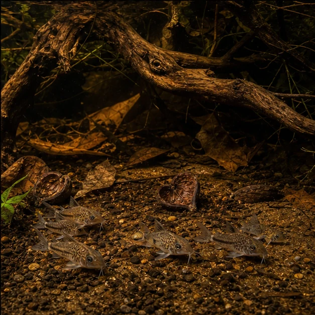 Badam Pods illustrative aquarium habitat look sample - corydoras floor