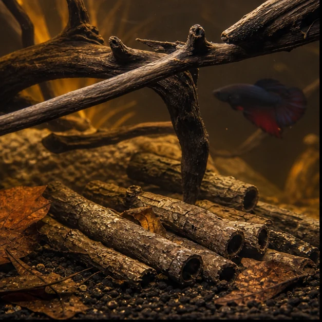 Catappa Bark Tubes illustrative aquarium habitat look sample - bark tube cover