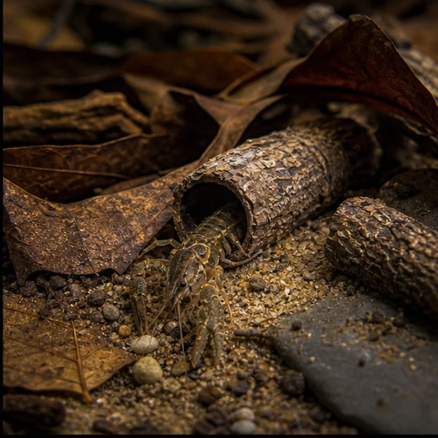 Catappa Bark Tubes illustrative aquarium habitat look sample - close shelter detail