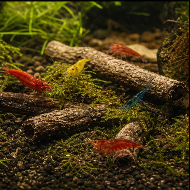 Catappa Bark Tubes illustrative aquarium habitat look sample - shrimp grazing route