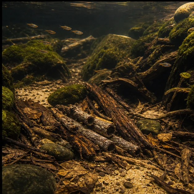 Catappa Bark Tubes illustrative aquarium habitat look sample - stream-bed layout