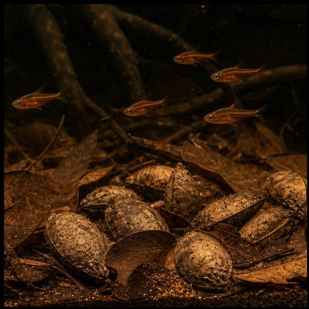 Catappa Nuts illustrative aquarium habitat look sample - leaf-litter pods