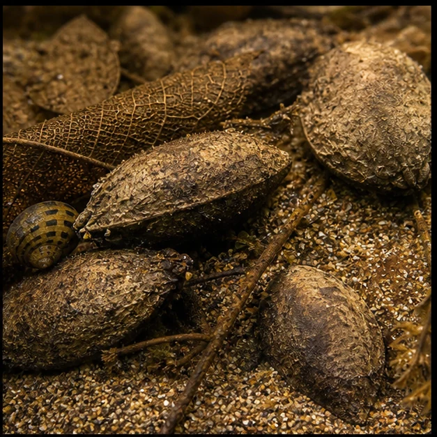 Catappa Nuts illustrative aquarium habitat look sample - snail detail