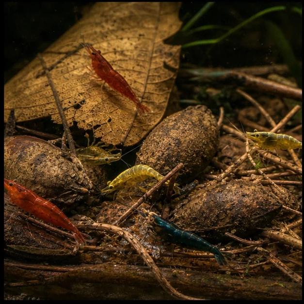 Catappa Nuts illustrative aquarium habitat look sample - shrimp floor