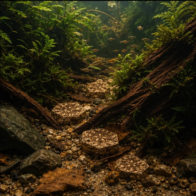 Mahogany Slices illustrative aquarium habitat look sample - wide stream bed