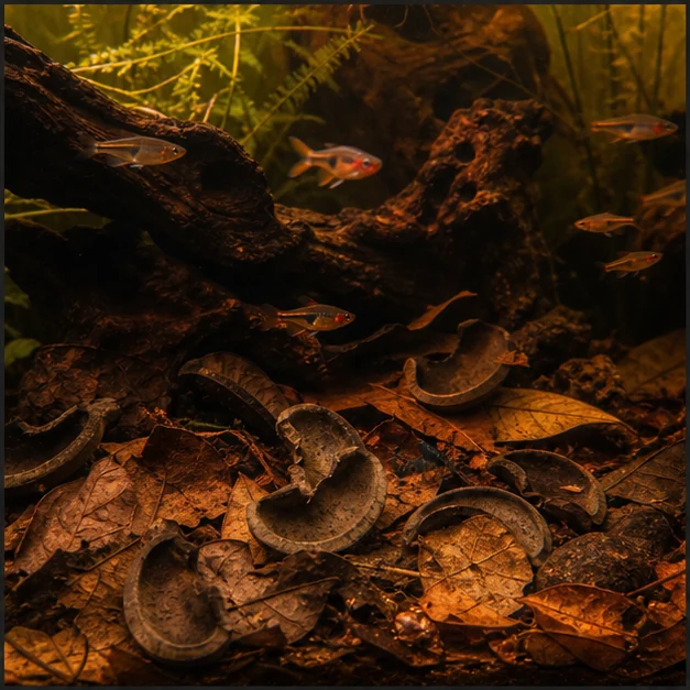 Rubber Tree Pods illustrative aquarium habitat look sample - blackwater floor