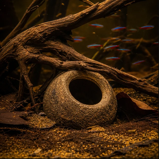 Sapucaia Pod / Monkey Pot illustrative aquarium habitat look sample - cave under roots