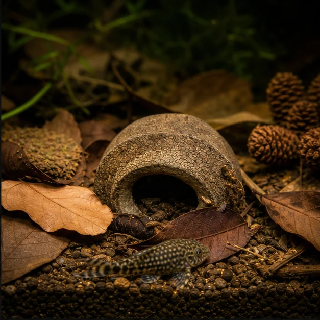Sapucaia Pod / Monkey Pot illustrative aquarium habitat look sample - leaf-litter floor