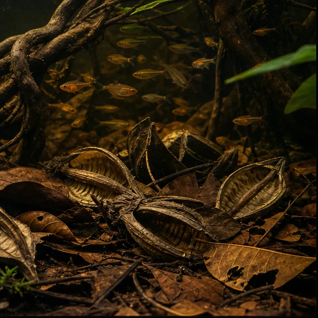 Strelitzia Pods illustrative aquarium habitat look sample - rooted blackwater