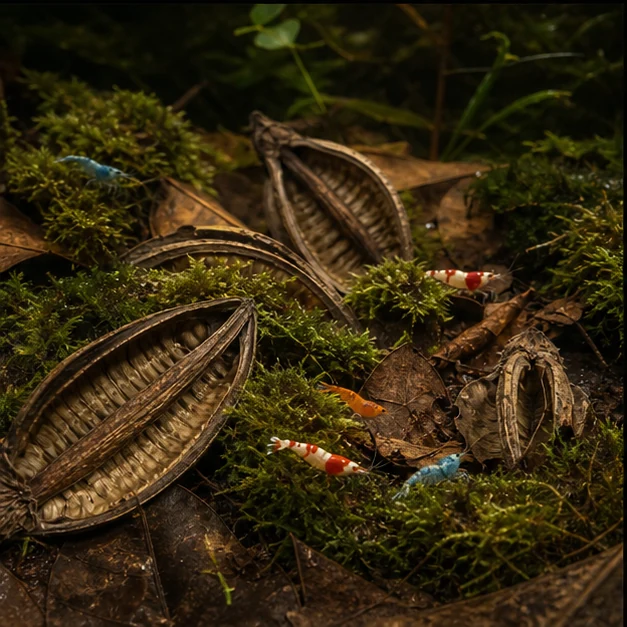 Strelitzia Pods illustrative aquarium habitat look sample - shrimp moss scene