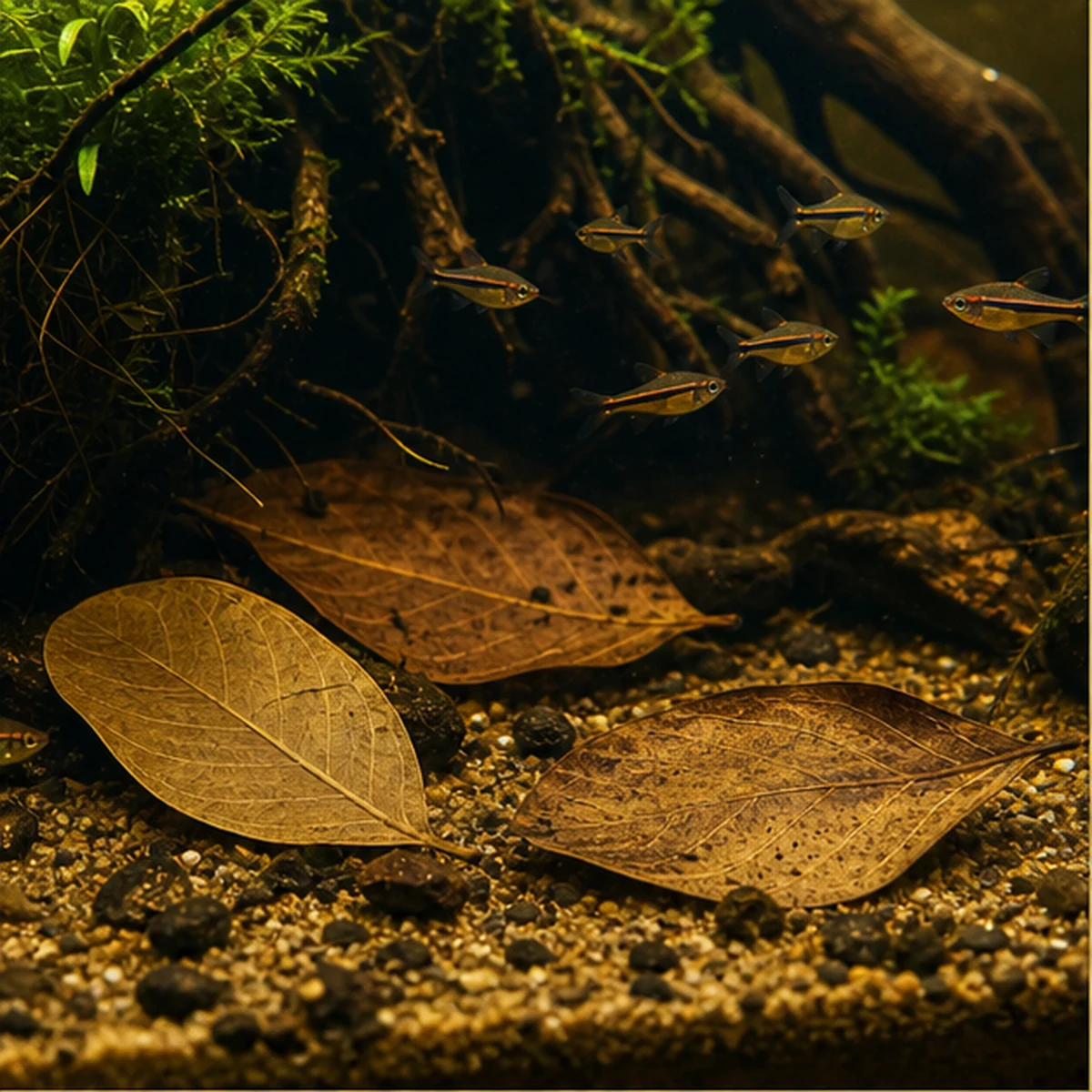 Dried Terminalia catappa Leaves - Aquarium Leaf Litter illustrative habitat context scene